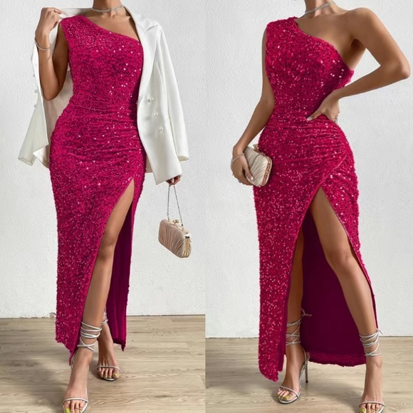 Luxe blue one shoulder slit thigh party formal evening sequins dress - Picture 3 of 16